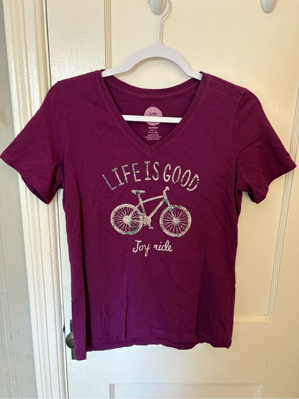 Life Is Good Purple V-Neck Tee with Silver Bike Graphic